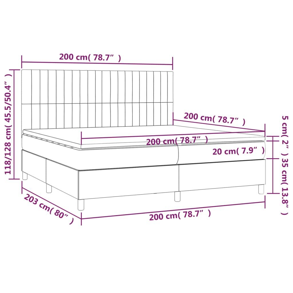 vidaXL Lova su spyruoklėmis/čiužiniu/LED, pilka, 200x200 cm, audinys kaina ir informacija | Lovos | pigu.lt