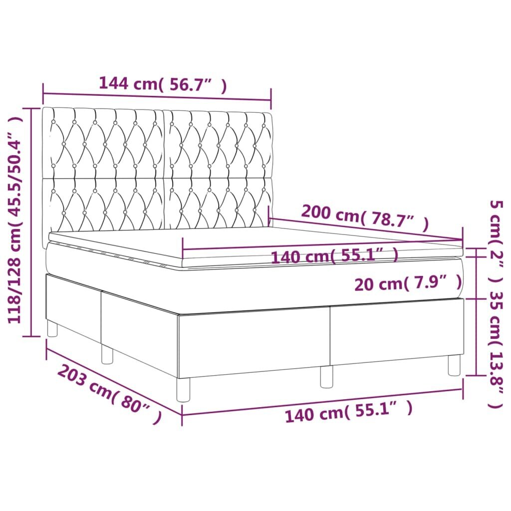 Lova su spyruoklėmis/čiužiniu/LED vidaXL, Audinys, 140x200 cm, pilka kaina ir informacija | Lovos | pigu.lt