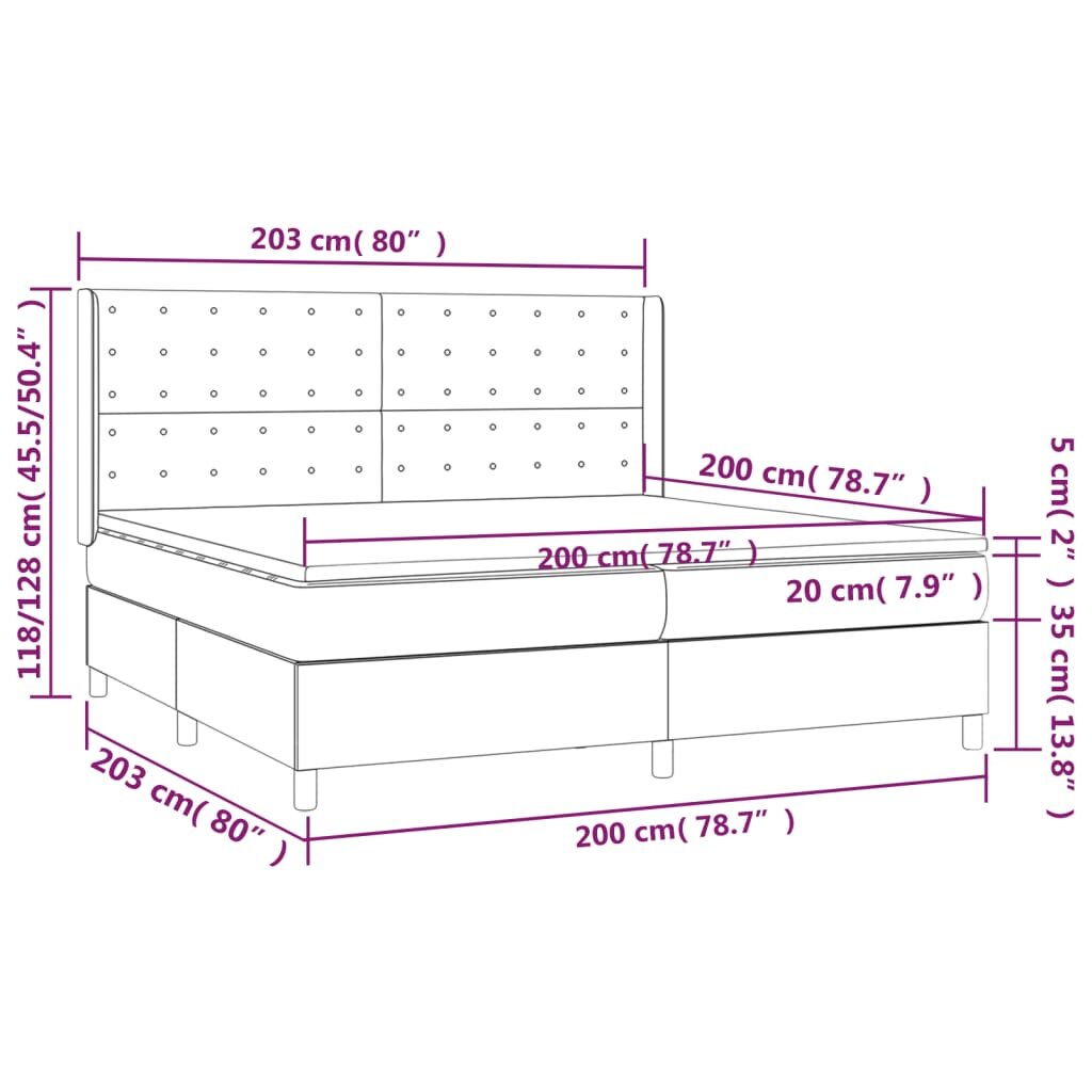 vidaXL Lova su spyruoklėmis/čiužiniu/LED, pilka, 200x200 cm, audinys цена и информация | Lovos | pigu.lt