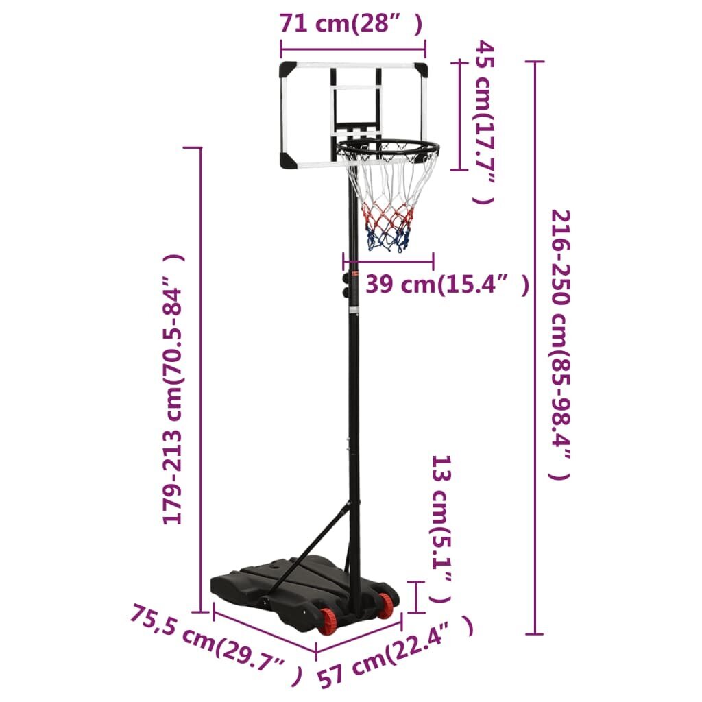 Krepšinio stovas vidaXL, skaidrus, 216–250cm kaina ir informacija | Krepšinio stovai | pigu.lt