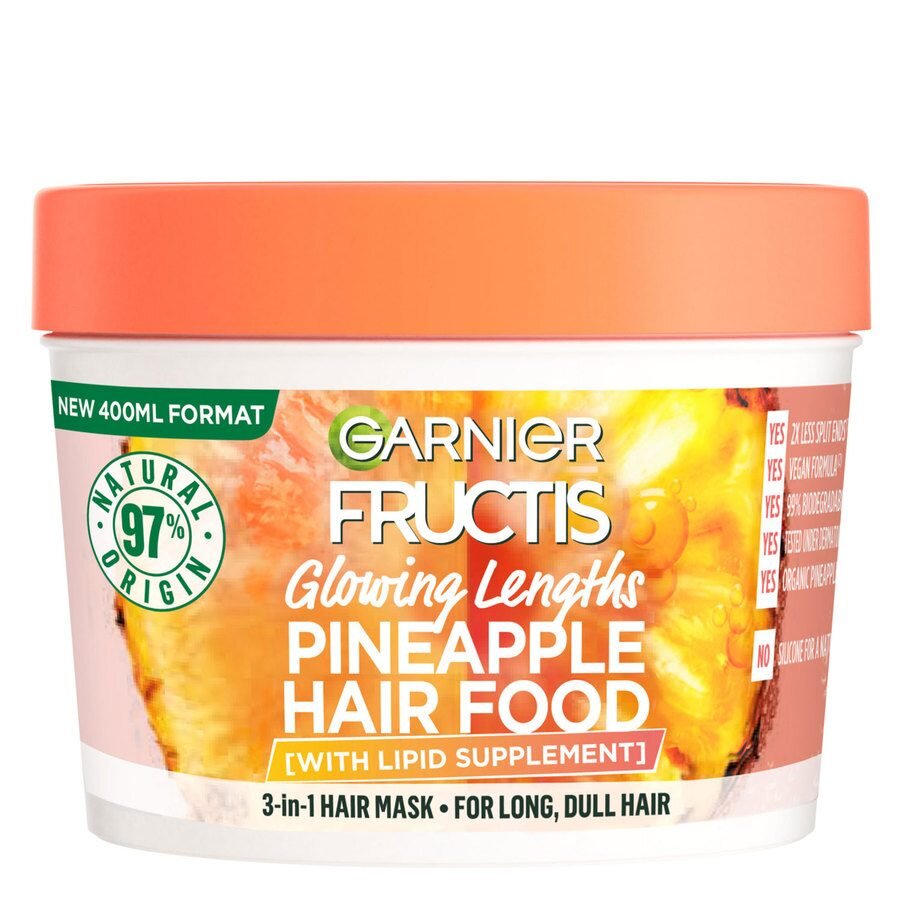 Maitinamoji plaukų kaukė ilgiems, žvilgesį praradusiems plaukams Garnier Fructis Hair Food Pineapple Mask, 400 ml цена и информация | Priemonės plaukų stiprinimui | pigu.lt