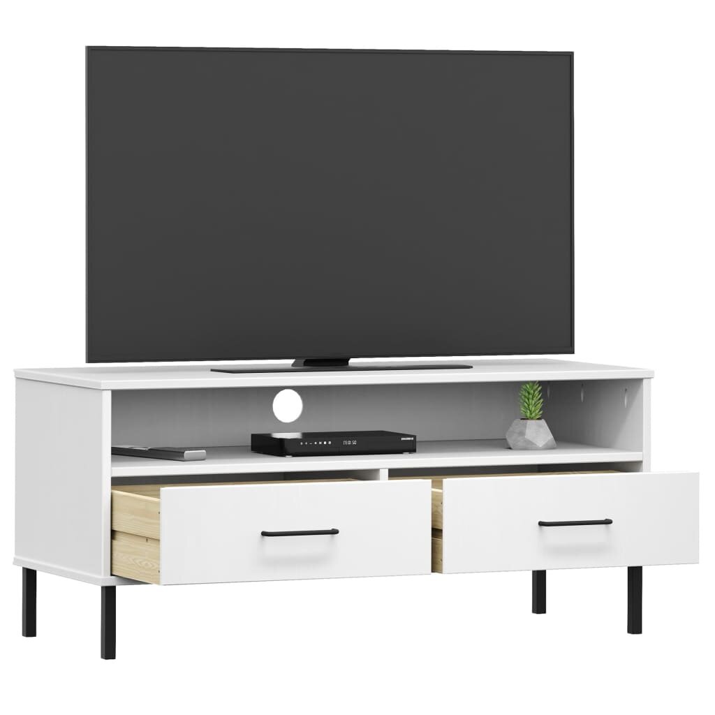 vidaXL Televizoriaus spintelė su kojomis, balta, pušies masyvas, OSLO kaina ir informacija | TV staliukai | pigu.lt