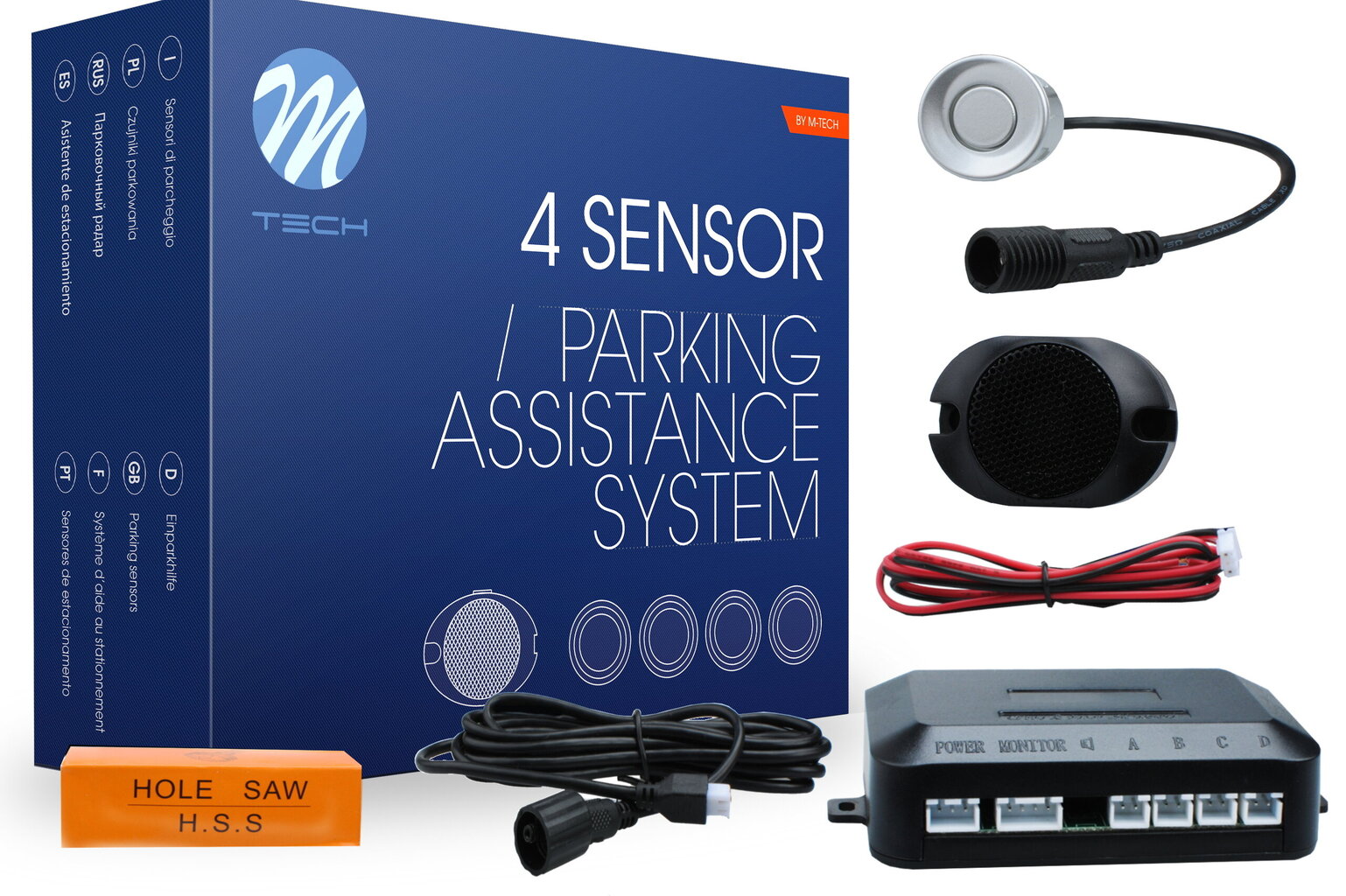 Parkavimo sistema 4 daviklių su garsiniu signalu ir jungtimis M-Tech CP6, sidabrinė цена и информация | Parkavimo sistemos | pigu.lt