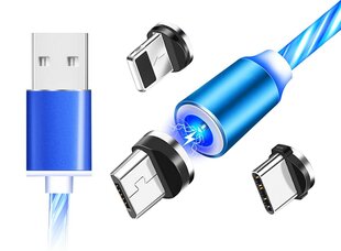 Магнитный кабель с синей светодиодной подсветкой 3в1 Usb-C, Micro USB, iPhone Lightning цена и информация | Кабели для телефонов | pigu.lt