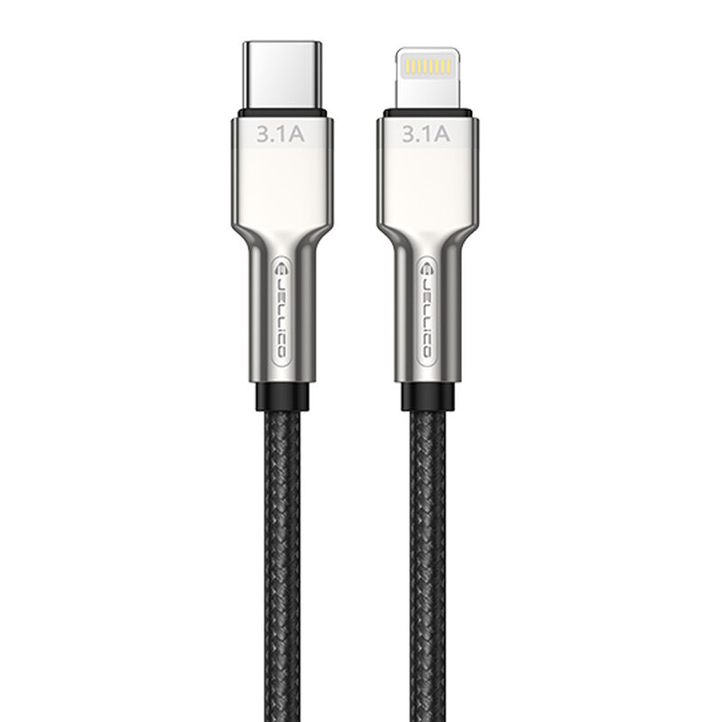 Jellico B8 nailono pinto cinko lydinio iPhone ir iPad Lightning prie USB-C duomenų ir PD greito 30 W įkroviklio laidas, 1 m juodas kaina ir informacija | Kabeliai ir laidai | pigu.lt