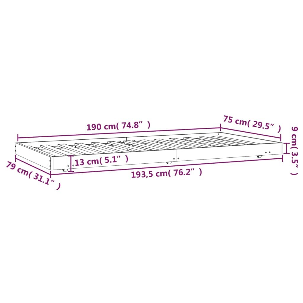 vidaXL Lovos rėmas, medaus rudas, 75x190cm, pušies medienos masyvas kaina ir informacija | Lovos | pigu.lt