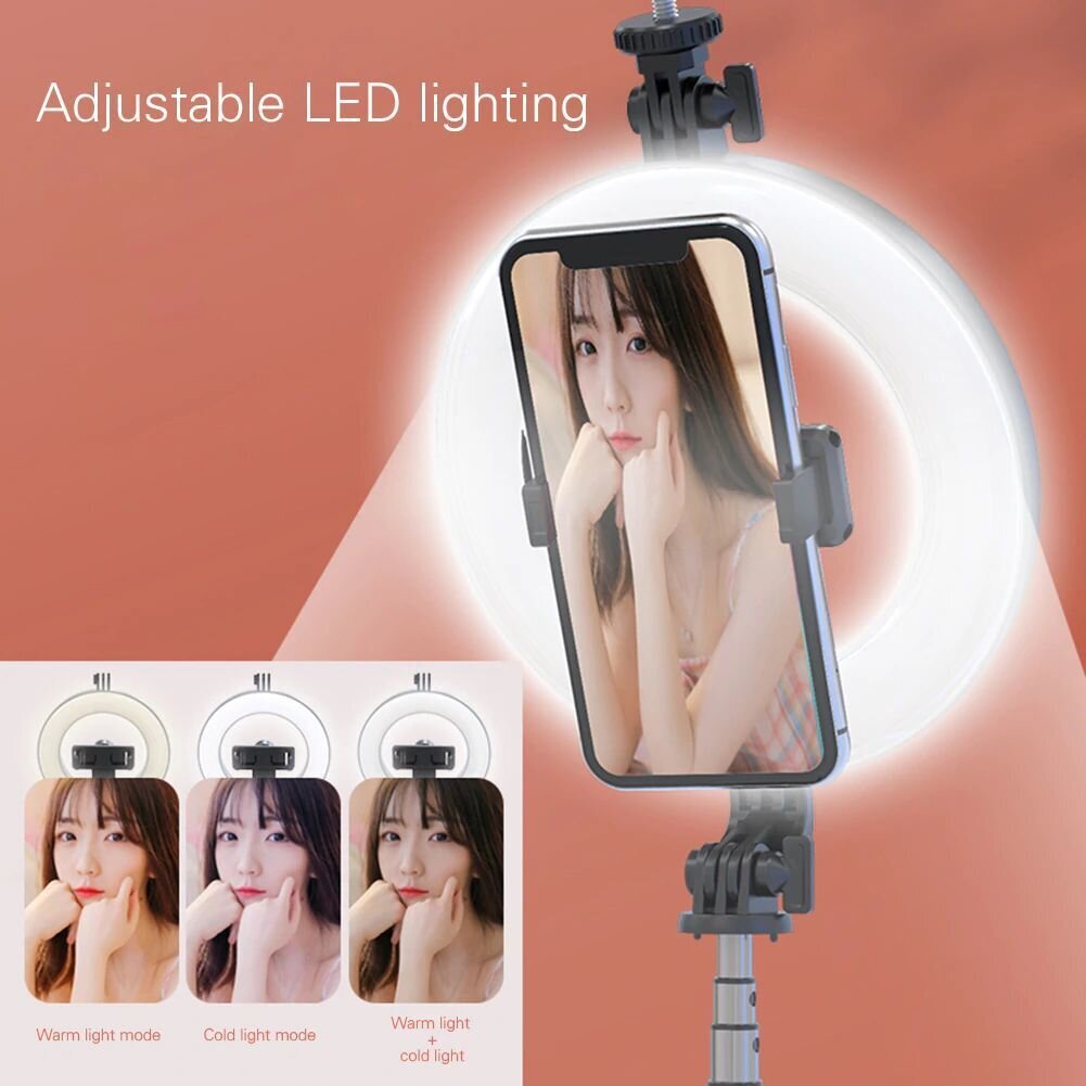 Selfie Stick – su nuimamu „Bluetooth“ nuotolinio valdymo pulteliu, trikoju ir žiedine lempa – P40D-3, juodas kaina ir informacija | Asmenukių lazdos (selfie sticks) | pigu.lt