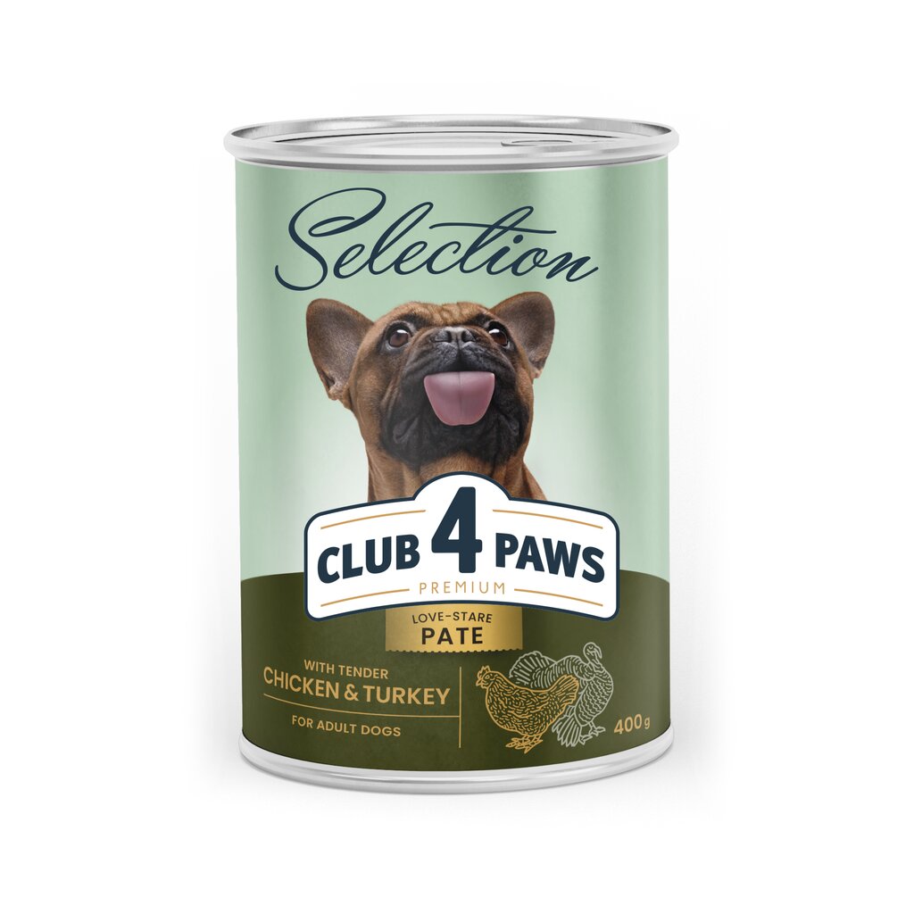 Club 4 Paws Premium visavertis konservuotas paštetas suaugusiems šunims su vištiena ir kalakutiena, 400 g kaina ir informacija | Konservai šunims | pigu.lt