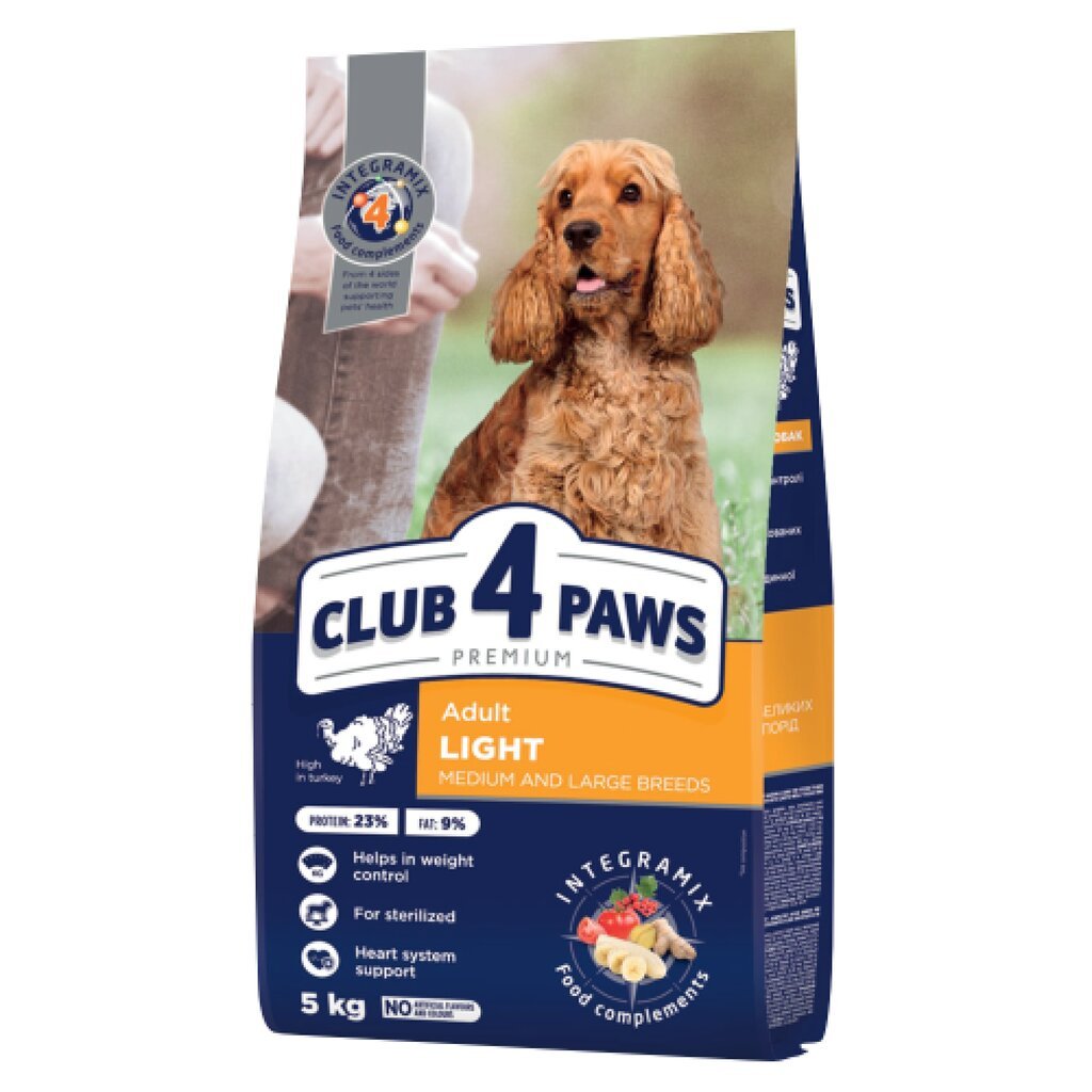 Club 4 Paws Premium visavertis sausas maistas suaugusiems, sterilizuotiems ir turintiems polinkį į nutukimą, vidutinių ir didelių veislių šunims su dideliu kiekiu kalakutienos Light, 5 kg kaina ir informacija | Sausas maistas šunims | pigu.lt