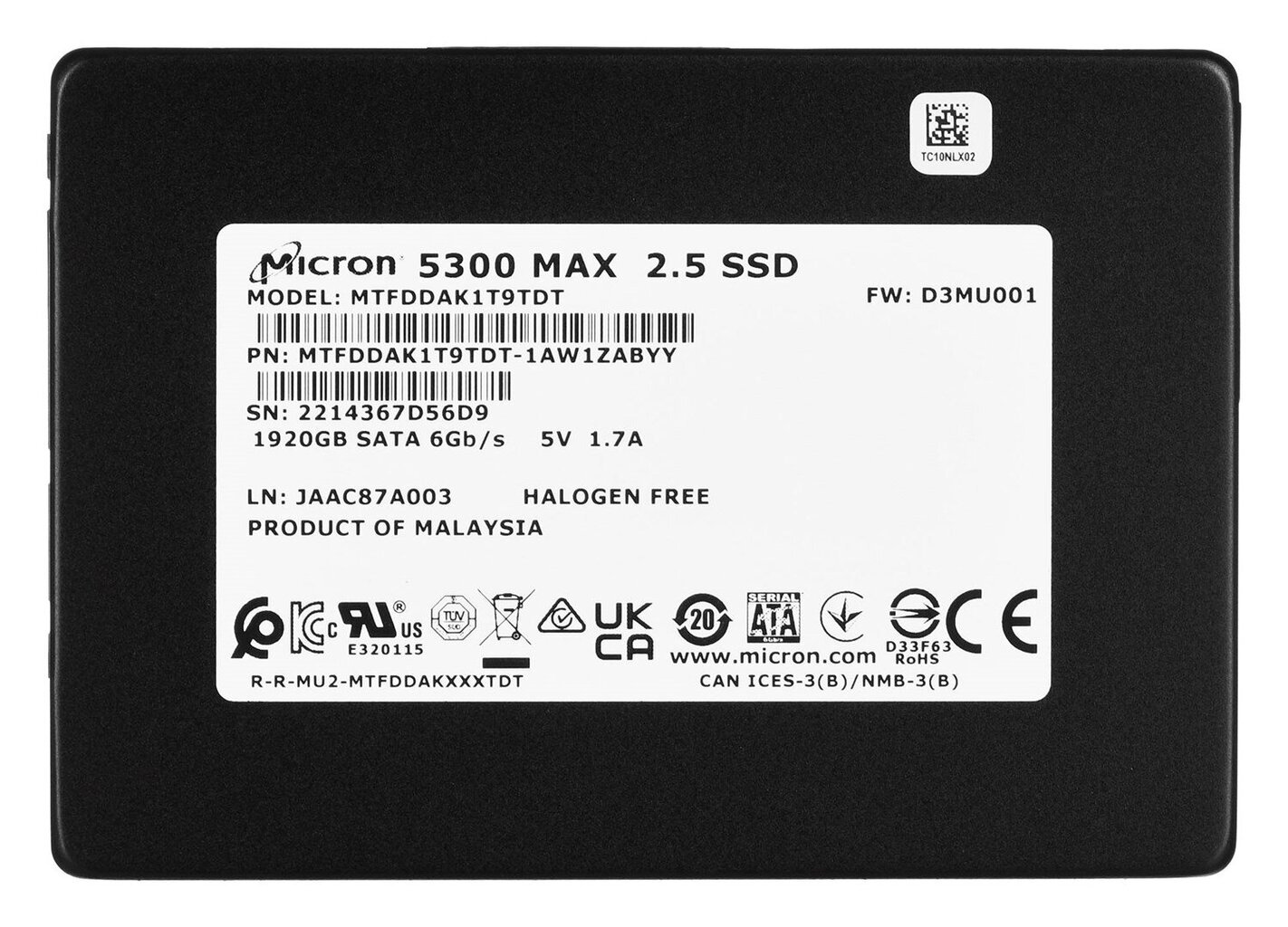 Micron 5300 MAX (MTFDDAK1T9TDT-1AW1ZABYYR) цена и информация | Vidiniai kietieji diskai (HDD, SSD, Hybrid) | pigu.lt