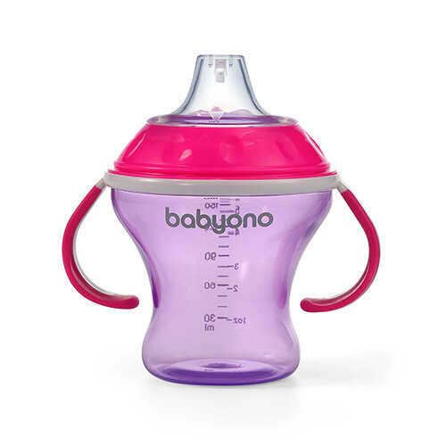 BabyOno neišsiliejantis puodelis minkštu snapeliu Natural Nursing 1456/02, rožinis, 180 ml kaina ir informacija | Buteliukai kūdikiams ir jų priedai | pigu.lt