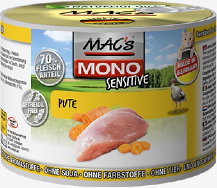Mac's Mono Sensitive Turkey (100%) + Carrots 200 g цена и информация | Konservai katėms | pigu.lt