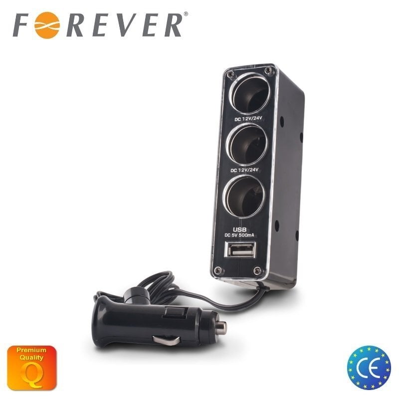 Įkroviklis-šakotuvas automobilinis Forever 3 in 1 ir USB jungtimi ir trimis 12V jungtimis цена и информация | Krovikliai telefonams | pigu.lt
