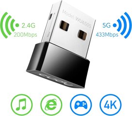 Cudy AC650 USB WLAN Stick, WLAN Adapter для PC-NANO-Size, совместим с Windows XP, 7, 8, 8.1.10, Mac OS 10.10-10.14, WU650 цена и информация | Адаптеры, USB-разветвители | pigu.lt