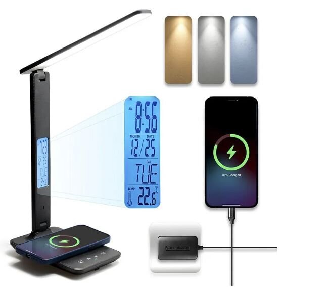 LED stalinė lempa su belaidžiu įkrovikliu, USB įkrovimo prievadu, laikrodžiu, žadintuvu, data, temperatūros rodymu kaina ir informacija | Staliniai šviestuvai | pigu.lt
