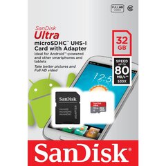 SanDisk Ultra microSDHC Android 32GB Class10 UHS-I + SD адаптер цена и информация | Карты памяти для телефонов | pigu.lt