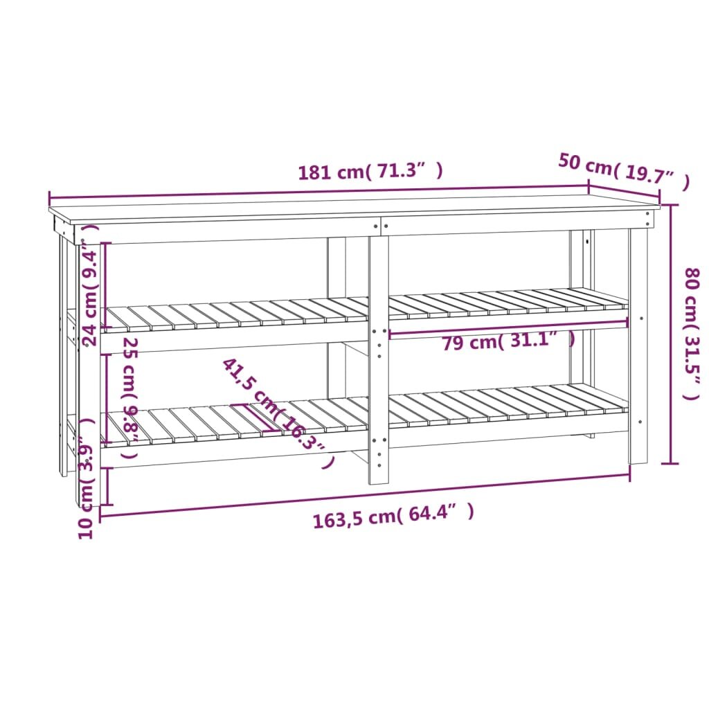 vidaXL Darbastalis, baltas, 181x50x80cm, pušies medienos masyvas kaina ir informacija | Mechaniniai įrankiai | pigu.lt