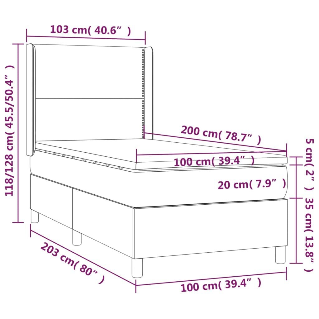 Lova su spyruoklėmis/čiužiniu/LED vidaXL, Aksomas, 100x200cm, pilka kaina ir informacija | Lovos | pigu.lt