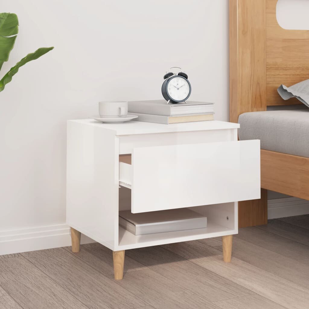 Naktinis staliukas vidaXL, Apdirbta mediena, 50x46x50cm, balta blizgi spalva kaina ir informacija | Spintelės prie lovos | pigu.lt