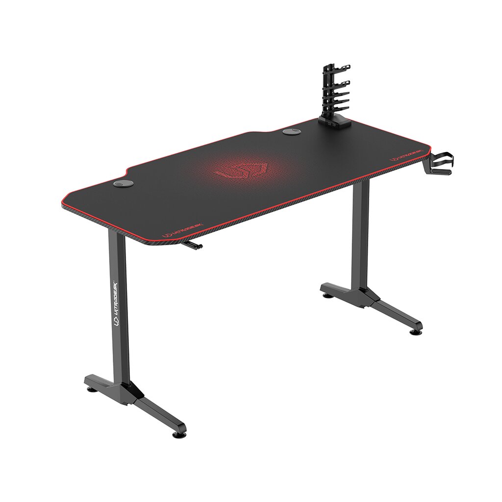 Žaidimų stalas Ultradesk Frag Red, Juodas su raudonu kilimėliu kaina ir informacija | Kompiuteriniai, rašomieji stalai | pigu.lt