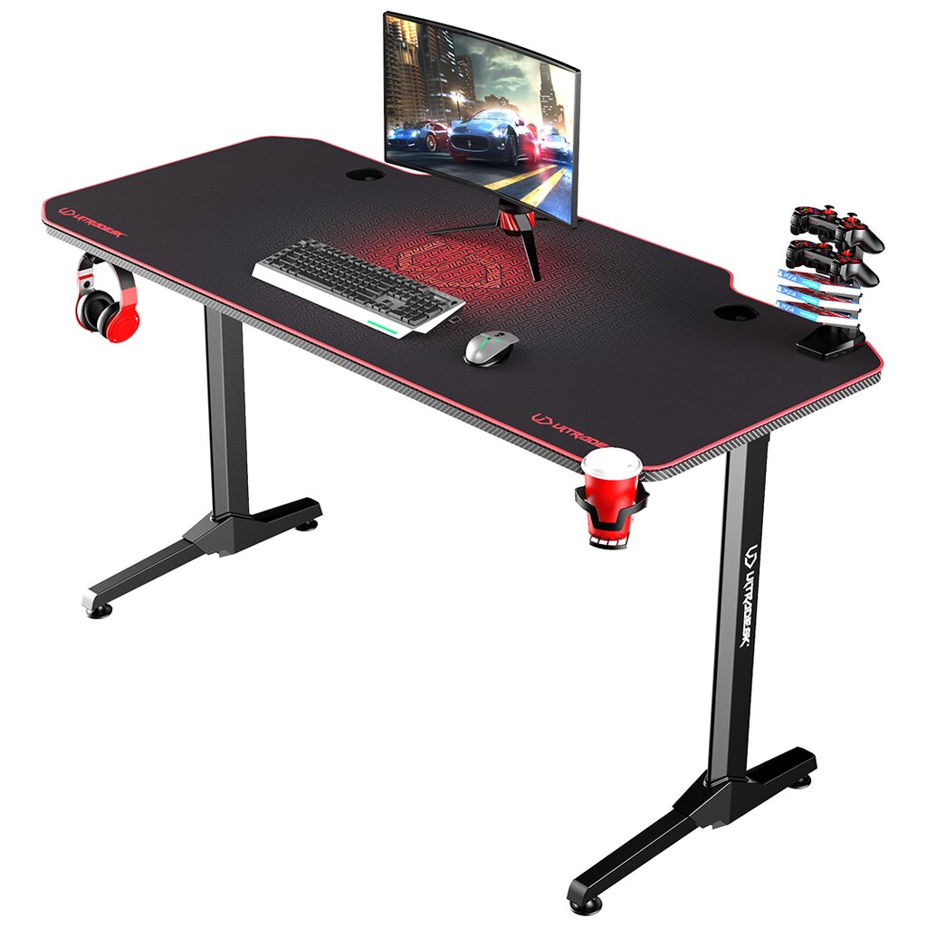 Žaidimų stalas Ultradesk Frag Red, Juodas su raudonu kilimėliu kaina ir informacija | Kompiuteriniai, rašomieji stalai | pigu.lt