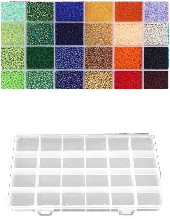 Stiklinių apvalių karoliukų (biserio) 12/0 RainBow® 24 spalvų po 10 g rinkinys su dėžute, tamsus kaina ir informacija | Papuošalų gamybai, vėrimui | pigu.lt