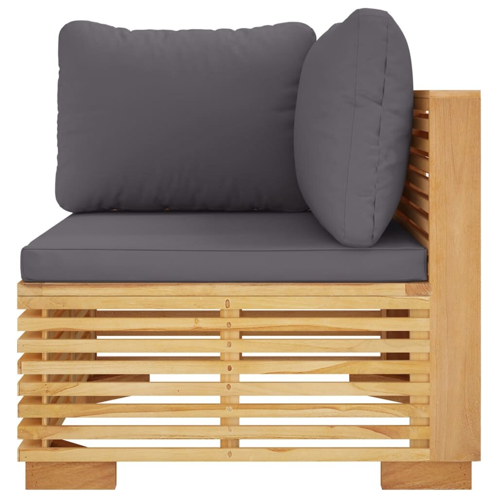 vidaXL Kampinė sodo sofos dalis su pilkomis pagalvėlėmis, tikmedis цена и информация | Lauko kėdės, foteliai, pufai | pigu.lt