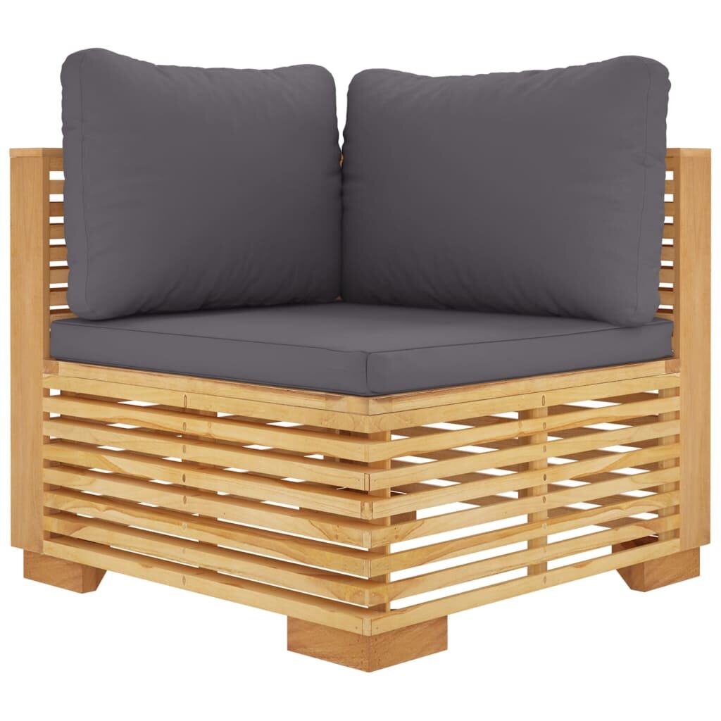 vidaXL Kampinė sodo sofos dalis su pilkomis pagalvėlėmis, tikmedis цена и информация | Lauko kėdės, foteliai, pufai | pigu.lt
