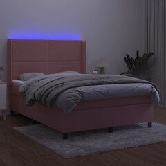vidaXL Lova su spyruoklėmis/čiužiniu/LED, rožinė, 140x190cm, aksomas kaina ir informacija | Lovos | pigu.lt