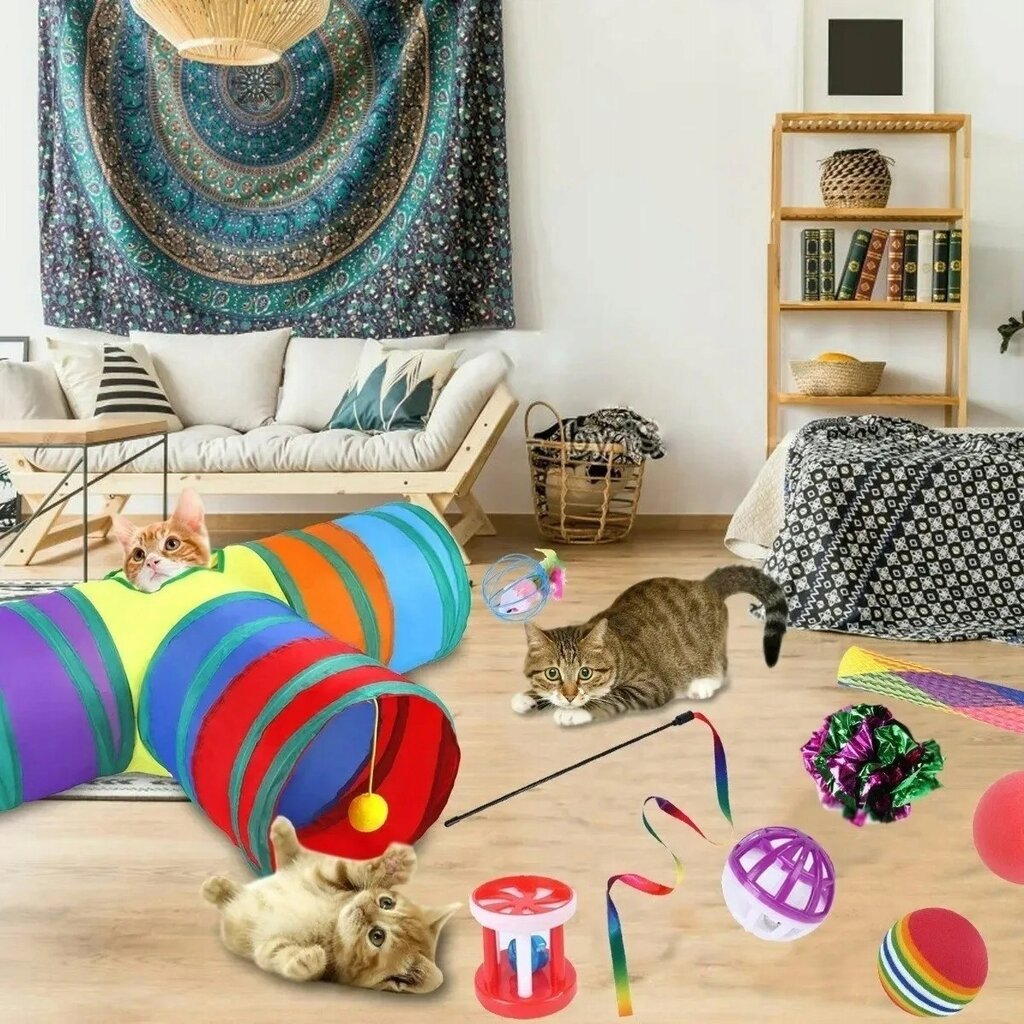 Didelis katinų žaislų rinkinys, 22 elementų tunelis, 80cm цена и информация | Žaislai katėms | pigu.lt