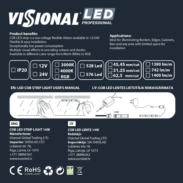 COB LED juosta 12V kaina ir informacija | LED juostos | pigu.lt