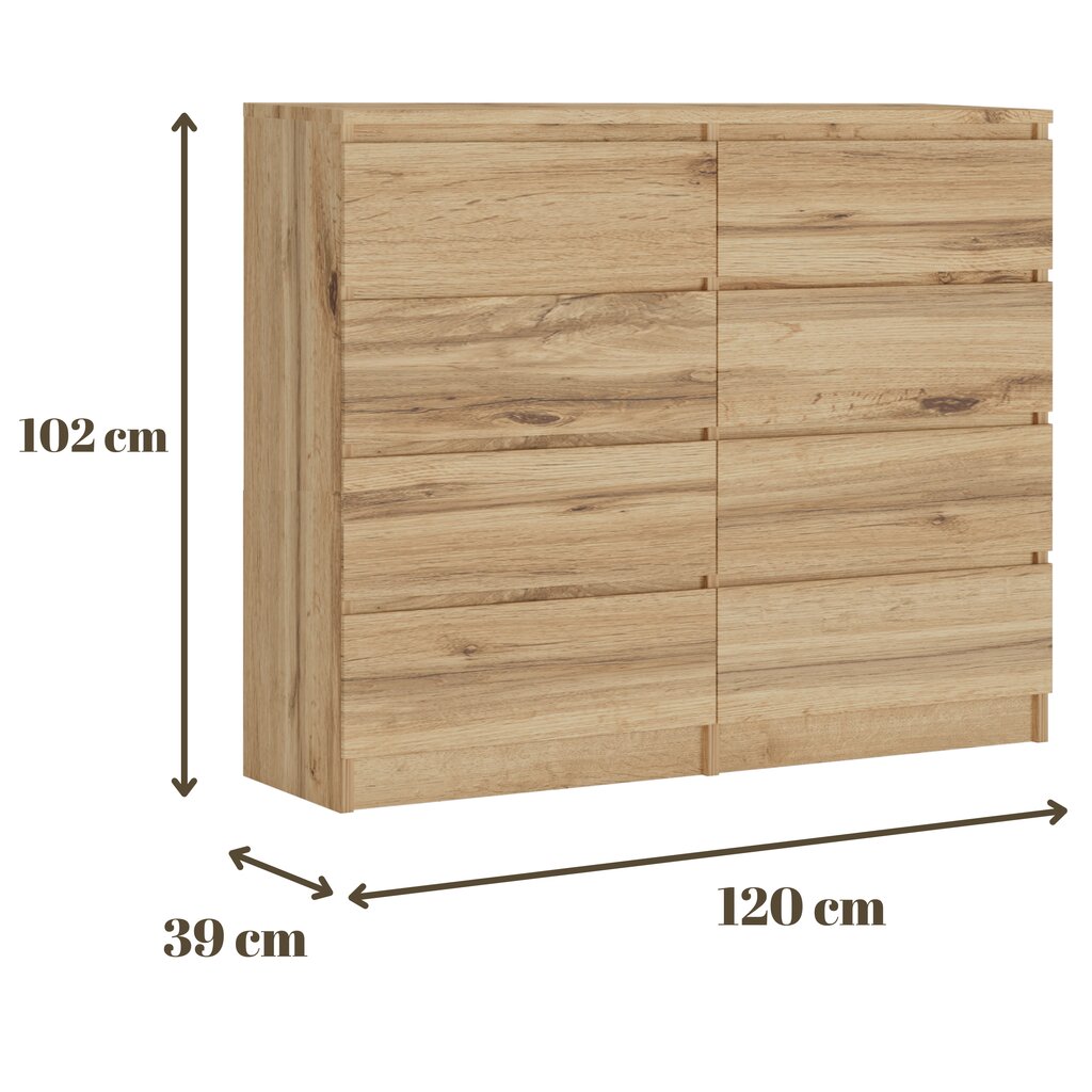 Komoda 3xEliving DEMI su 8 stalčiais, 120 cm, spalva: Wotan ąžuolas kaina ir informacija | Komodos | pigu.lt