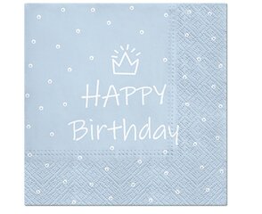 Popierinės servetėlės ​​Happy Birthday, šviesiai mėlynos, 33 x 33 cm, 20 vnt. kaina ir informacija | Vienkartiniai indai šventėms | pigu.lt