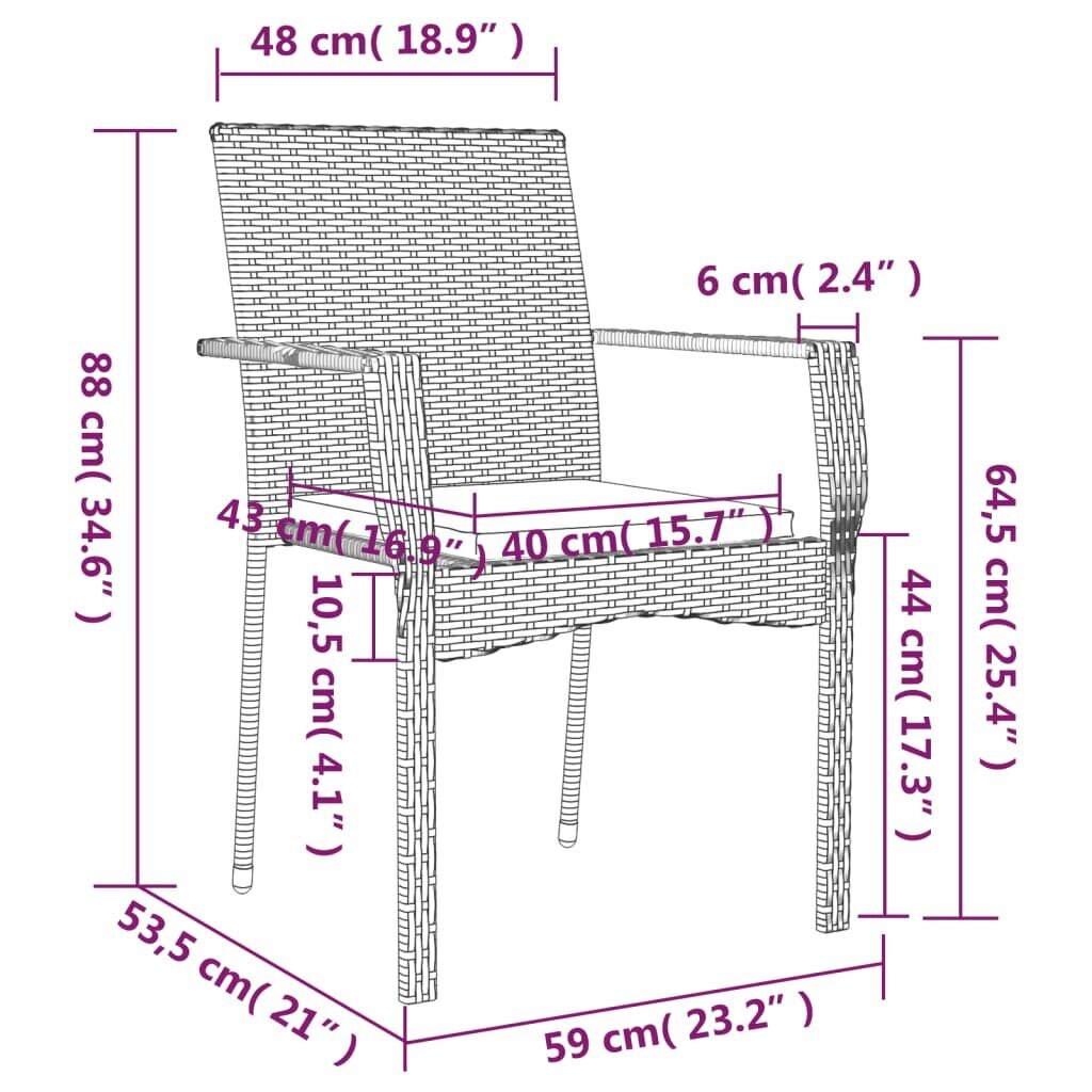 Sodo kėdės su pagalvėlėmis, 59x53,5x88 cm, 2vnt., pilkos kaina ir informacija | Lauko kėdės, foteliai, pufai | pigu.lt