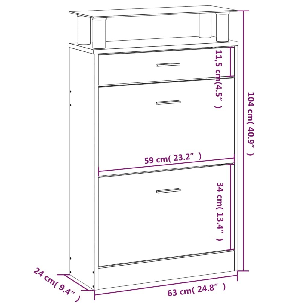 vidaXL Spintelė batams, juodos spalvos, 63x24x104cm, apdirbta mediena kaina ir informacija | Batų spintelės, lentynos ir suolai | pigu.lt