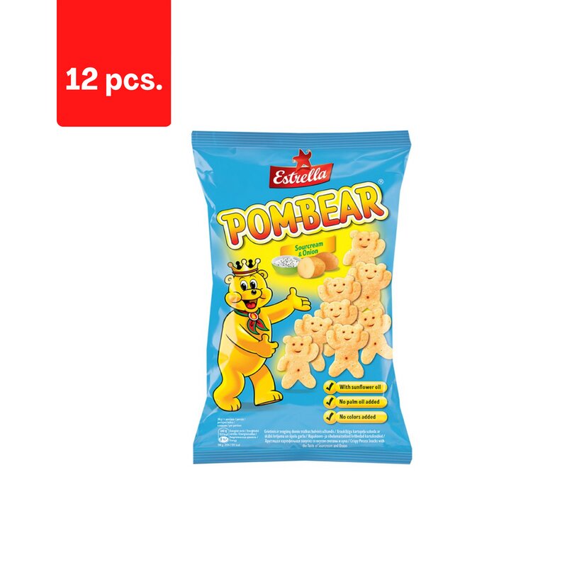 Traškus bulvinis užkandis Estrella Pom Bear grietinės ir svogūnų skonio, 65 g x 12 vnt. kaina ir informacija | Užkandžiai, traškučiai | pigu.lt