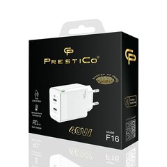 Prestico F16 Fast Charge 2xUSB-C 40 Вт PD, белый цена и информация | Зарядные устройства для телефонов | pigu.lt