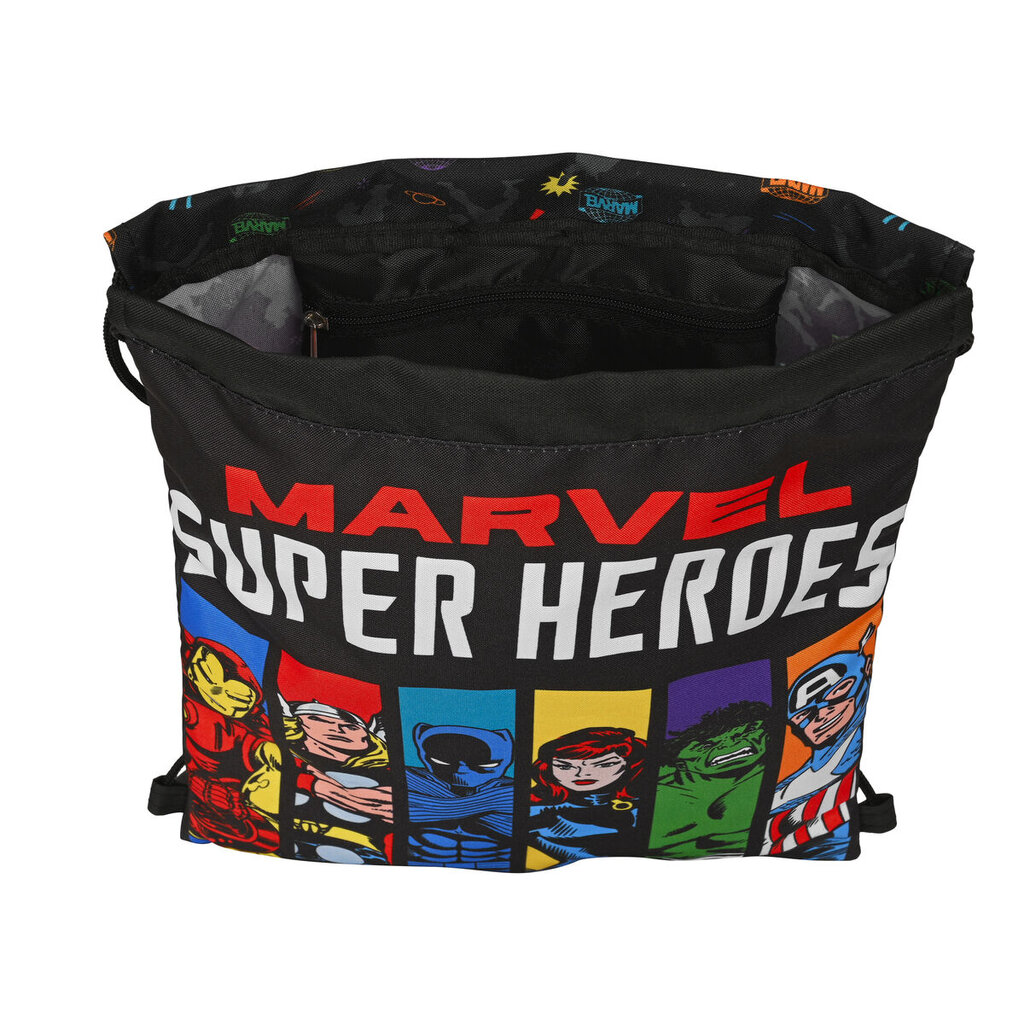 Kuprinė su virvutėmis The Avengers Super heroes, juoda, 26 x 34 x 1 cm цена и информация | Kuprinės mokyklai, sportiniai maišeliai | pigu.lt
