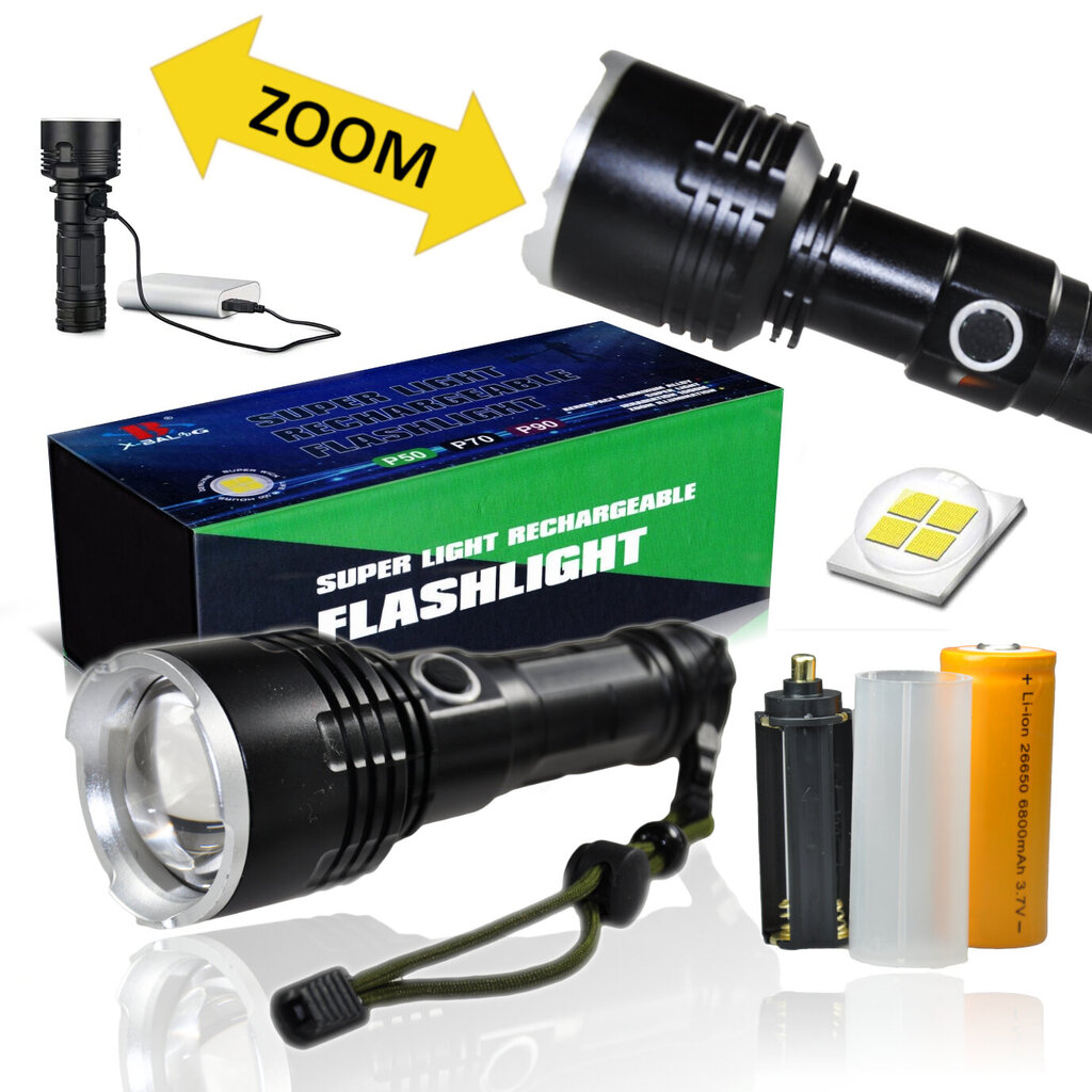 LED žibintuvėlis su powerbank XHP90 kaina ir informacija | Žibintuvėliai, prožektoriai | pigu.lt