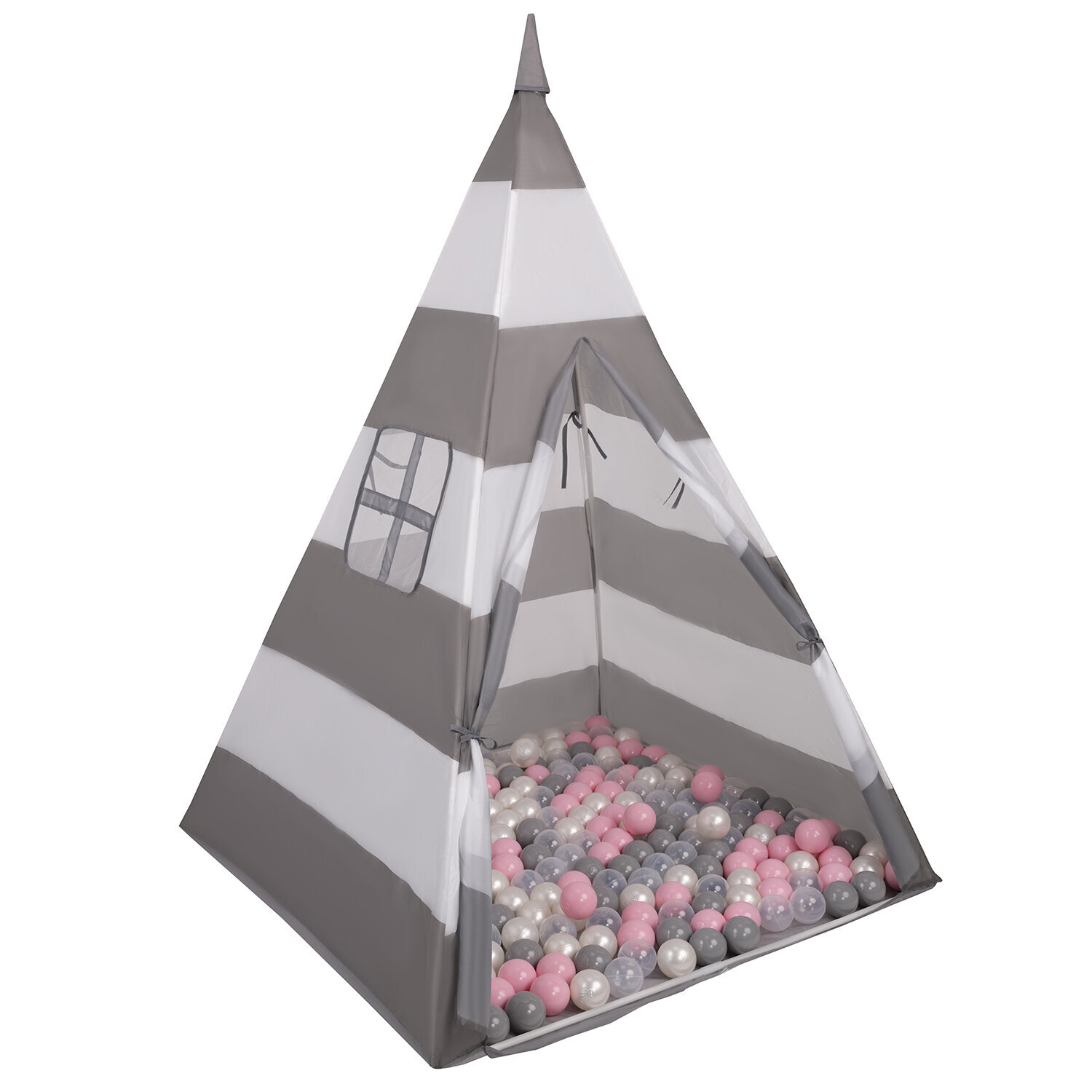 Игровая палатка Selonis Teepee с 400 шарами 6 см, серая/белая полоска:  жемчужный/серый/прозрачный/пудрово-розовый цена | pigu.lt