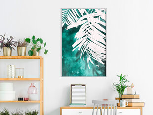 Plakatas White Palm on Teal Background, Baltas rėmelis, 20x30 цена и информация | Репродукции, картины | pigu.lt