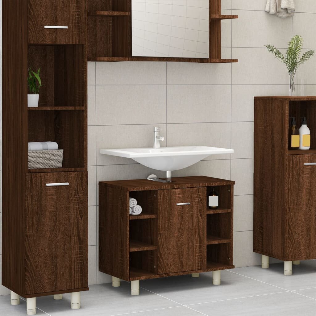 Vonios spintelė, ruda ąžuolo, 60x32x53,5cm, apdirbta mediena kaina ir informacija | Vonios komplektai | pigu.lt