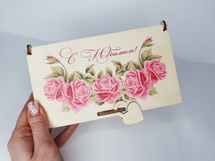 Dovanų dėžutė iš medžio su rožėmis ir užrašu С Юбилеем! kaina ir informacija | Kitos originalios dovanos | pigu.lt