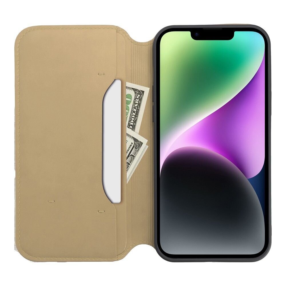 Dual Pocket Book skirtas iPhone 14 Plus, auksinis kaina ir informacija | Telefono dėklai | pigu.lt