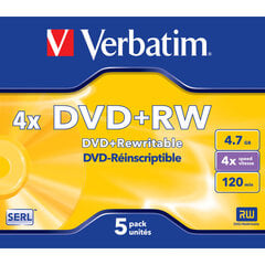 "verbatim dvd+rw, матовое серебро, 43229, 4,7 гб, 4x, ювелирная коробка, 5 шт, без печати, 12 см, для архивирования данных цена и информация | Виниловые пластинки, CD, DVD | pigu.lt