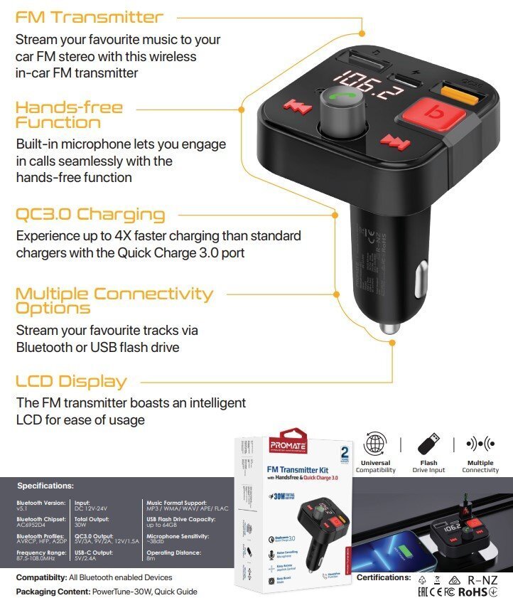 Automobilinis FM moduliatorius Promate kaina ir informacija | FM moduliatoriai | pigu.lt