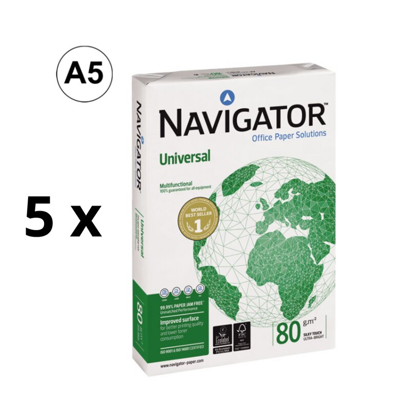 Biuro popierius Navigator Universal, A5, 80 g/m2, 500 lapų 5 vnt kaina ir informacija | Sąsiuviniai ir popieriaus prekės | pigu.lt