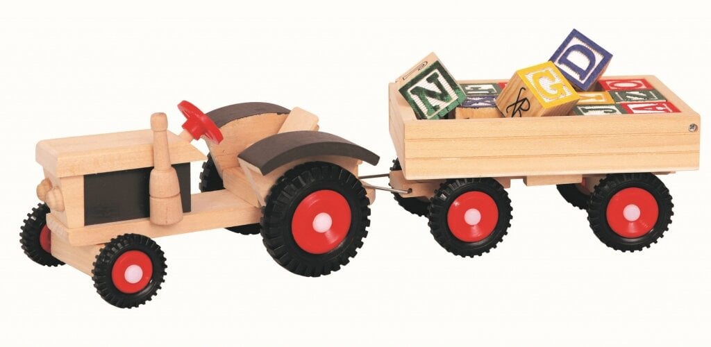 Medinis traktoriukas su priekaba ir kaladėlėmis kaina ir informacija | Žaislai berniukams | pigu.lt