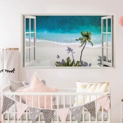 Виниловая наклейка на стену 3D окно с пляжным морским пейзажем и пальмами - 130 х 80 см цена и информация | Интерьерные наклейки | pigu.lt