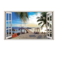 Виниловая наклейка на стену 3D окно с морским пейзажем пальмами и лодками - 130 х 80 см цена и информация | Интерьерные наклейки | pigu.lt
